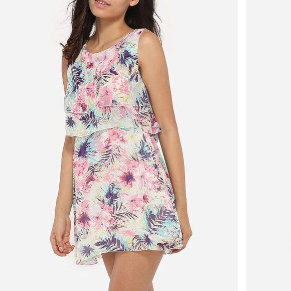 Tropical Floral Overlay Mini Dres Size Small - Picture 1 of 4